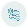 Gear and connected workflow with a checkmark, representing automated processes and completed tasks.