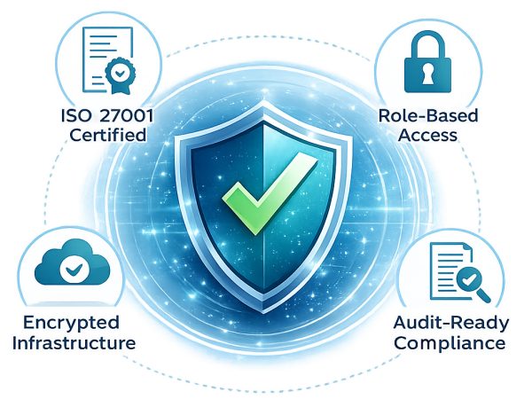 Shield icon representing data security and compliance features.