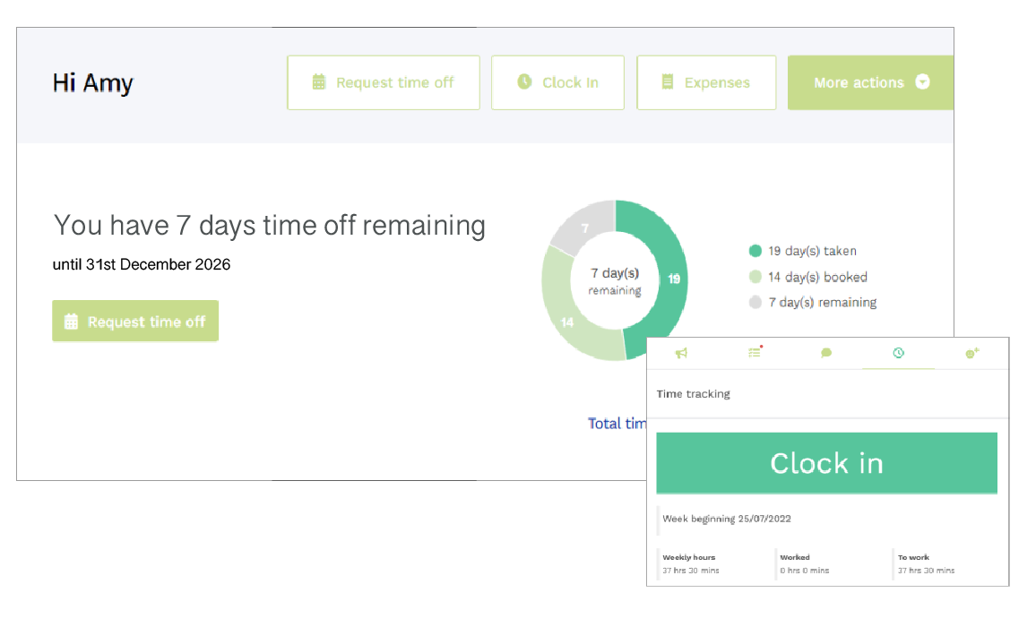 HR dashboard showing time off balance, remaining vacation days, request time off button, and clock-in time tracking panel.